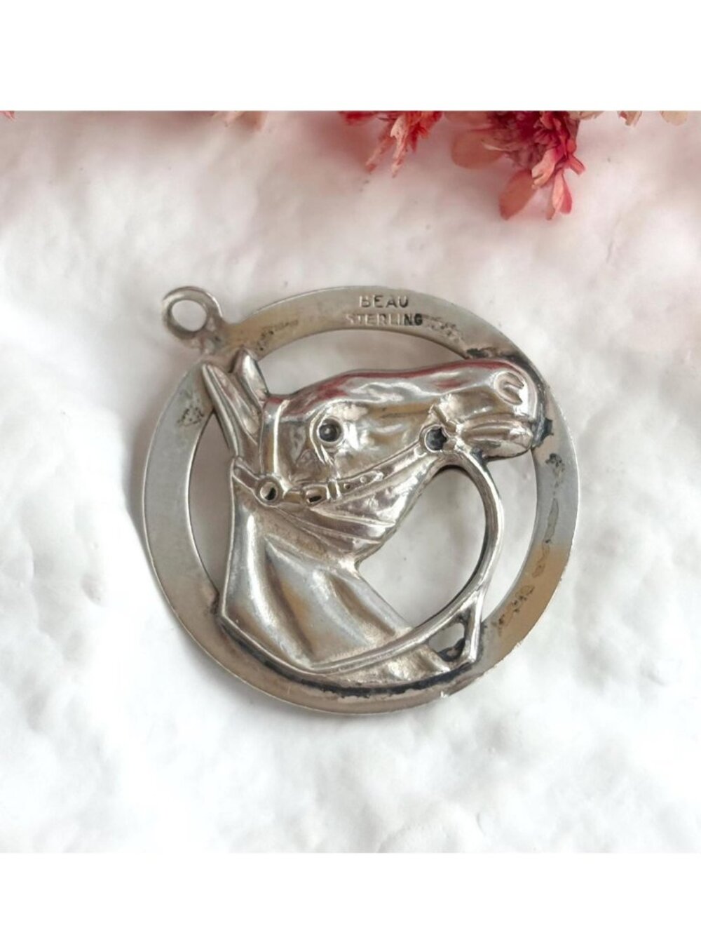 Beau Sterling Carved Horse Figural Round Sterling Silver 925 Vintage Pendant